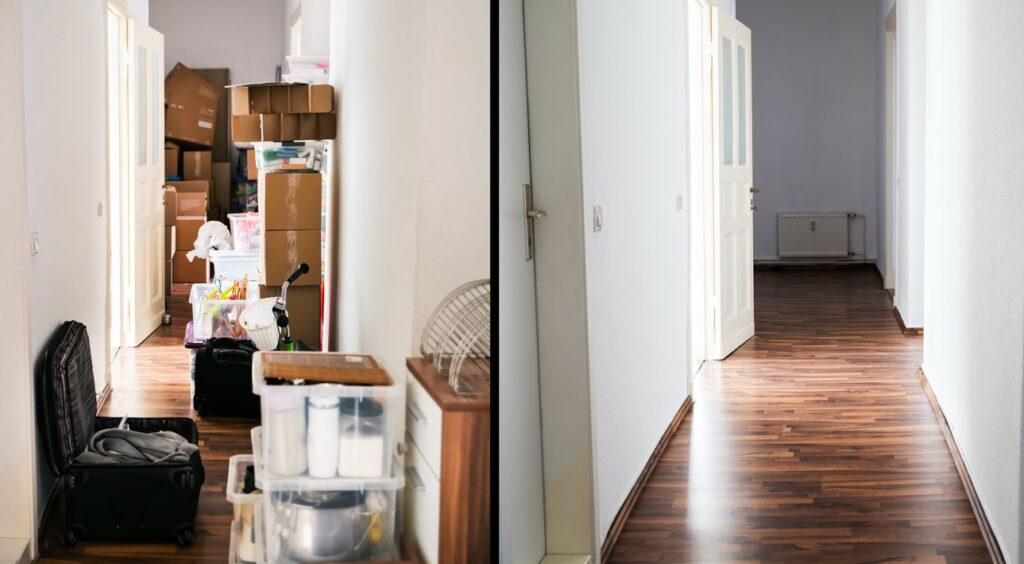 A cluttered home becomes clean when extra items are kept in a storage unit.
