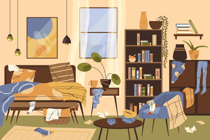 A concept of a dirty living room with clothing on furniture and the floor.