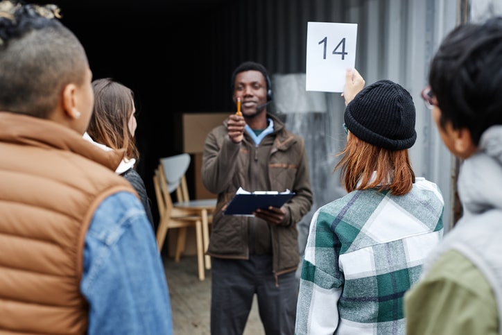 Young woman holding a number card and bidding on a container at an outdoor auction.