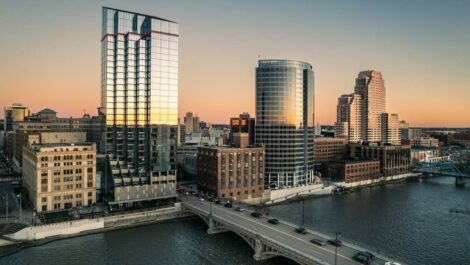 he Grand Rapids skyline as seen at dusk.